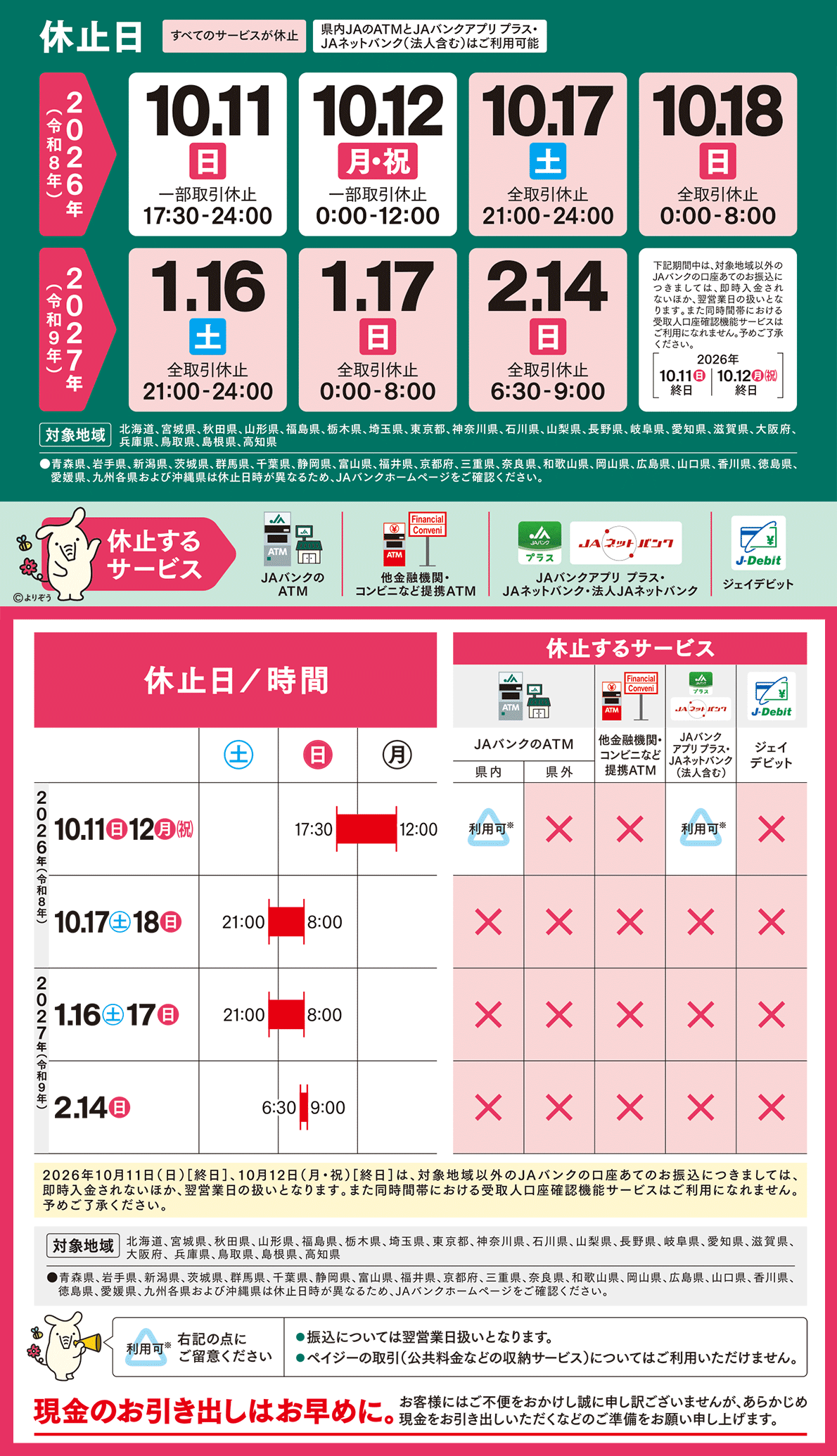 JAバンクからの重要なお知らせ：ATMなどのサービスを一時休止させていただきます。昭島センター版