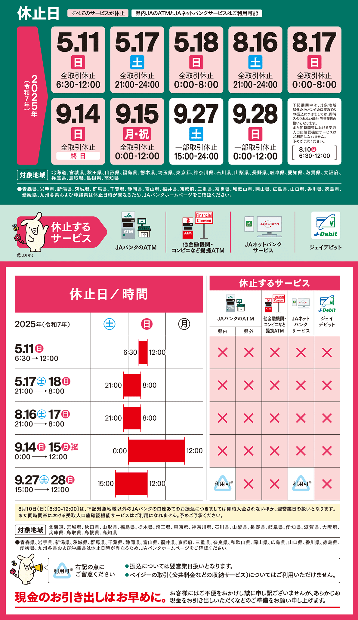 JAバンクからの重要なお知らせ：ATMなどのサービスを一時休止させていただきます。昭島センター版