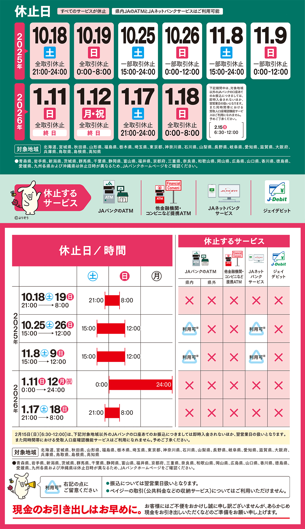 JAバンクからの重要なお知らせ：ATMなどのサービスを一時休止させていただきます。昭島センター版