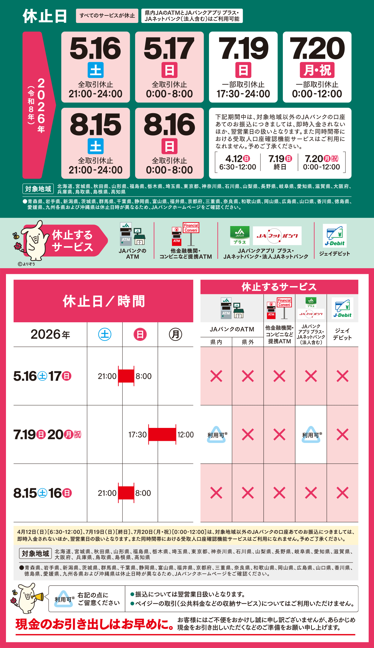 JAバンクからの重要なお知らせ：ATMなどのサービスを一時休止させていただきます。昭島センター版