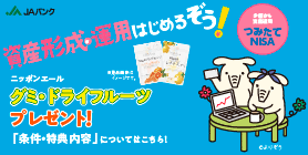 初めてJAバンクの「つみたてNISA口座開設&毎月1万円以上の購入」でニッポンエールのグミ・ドライフルーツプレゼント！　詳しくはこちら