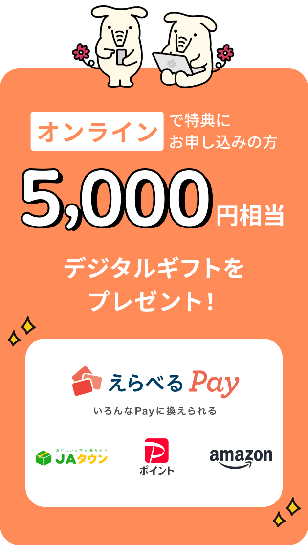 オンラインで特典にお申込みの方 5,000円相当デジタルギフトをプレゼント！えらべるPay いろんなPayに換えられる JAタウン、PayPayポイント Amazon