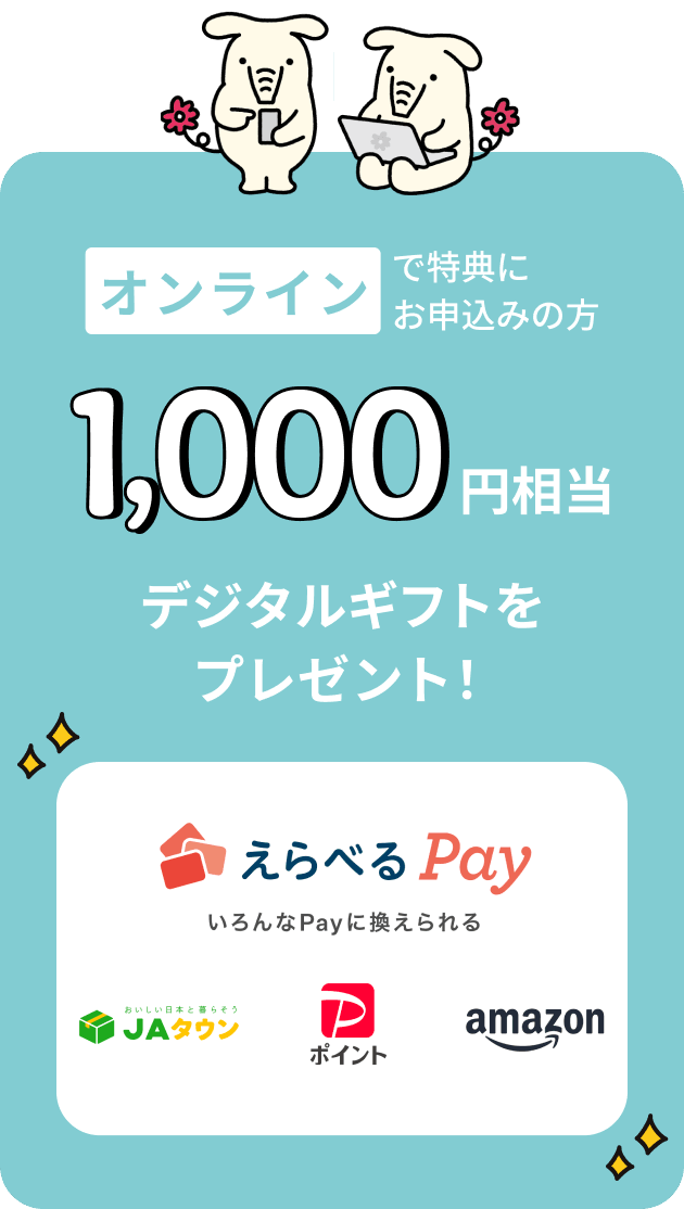オンラインで特典にお申込みの方 1,000円相当デジタルギフトをプレゼント！えらべるPay いろんなPayに換えられる JAタウン、PayPayポイント Amazon