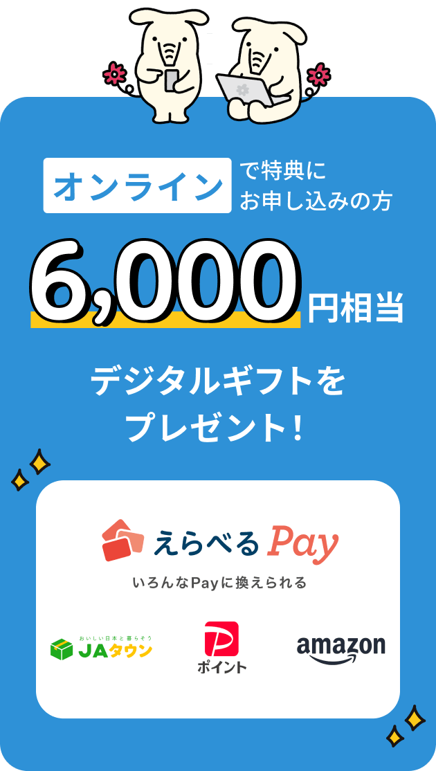 オンラインで特典にお申込みの方 6,000円相当デジタルギフトをプレゼント！えらべるPay いろんなPayに換えられる JAタウン、PayPayポイント Amazon