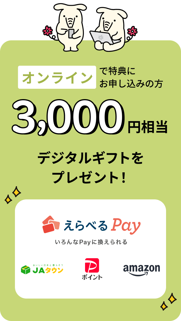 オンラインで特典にお申込みの方 3,000円相当デジタルギフトをプレゼント！えらべるPay いろんなPayに換えられる JAタウン、PayPayポイント Amazon