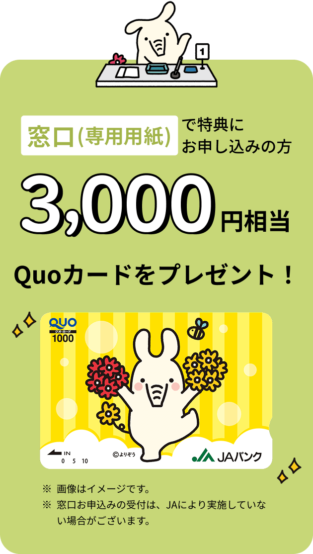 窓口（専用用紙）で特典にお申込みの方 3,000円相当 Quoカードをプレゼント ※画像はイメージです。※窓口お申込みの受付は、JAにより実施していない場合がございます。