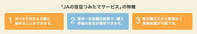 「JAの投信つみたてサービス」の特徴 1.月々5千円から手軽に始めることができます。 2.毎月一定金額の投資で、購入単価の安定が期待できます。3.毎月積立だから無理なく長期投資が可能です。